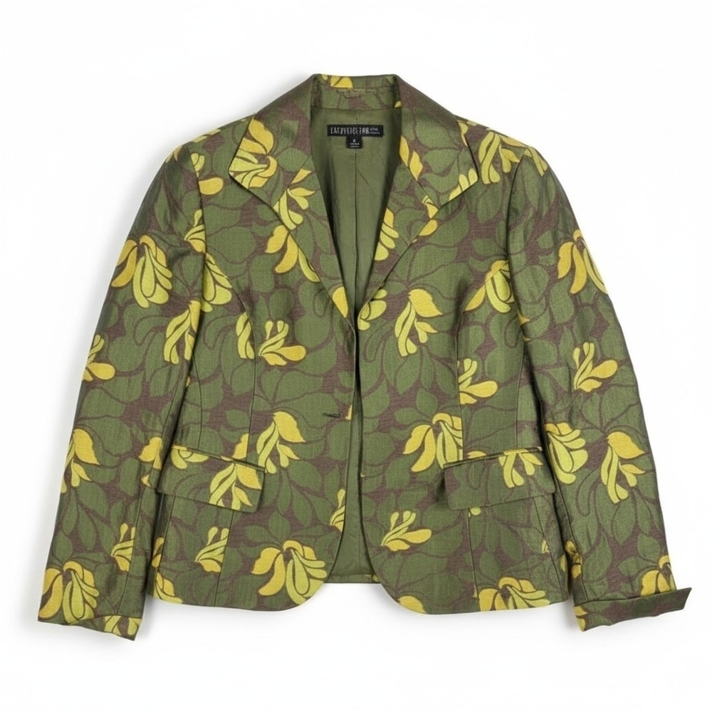 Lafayette 148 New York Olive Green Floral Blazer with Yellow Print